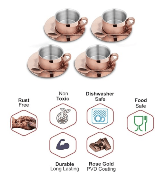 Shri & Sam Stainless Steel with Rose Gold PVD Coating (Laser) 4 Pieces First Impression Double Wall Cup and Saucer Set - Image 2